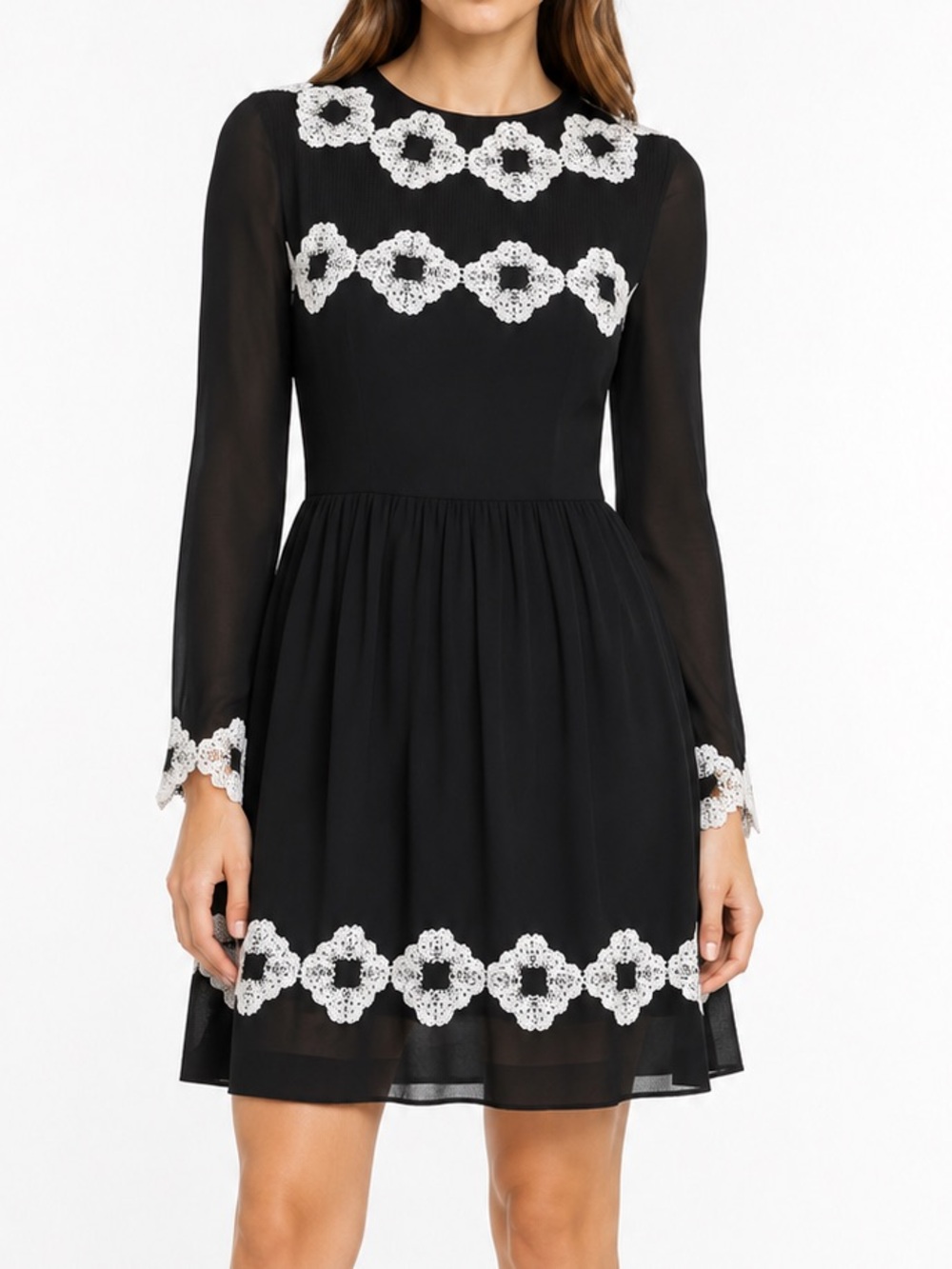 Ted Baker Avianah Fit & Flare Dress Black Ivory Lace Applique Long Sleeve Size 2